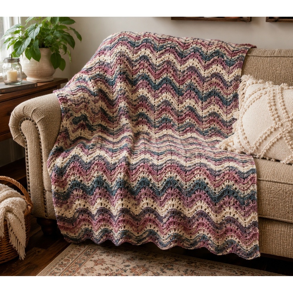 Vintage 70s Handmade Ripple Chevron Knit Throw Blanket Mauve Blue Cream 60x54